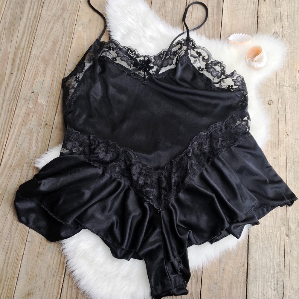 PETRA LINGERIE Vintage Black Satin & Lace Romper PJ M